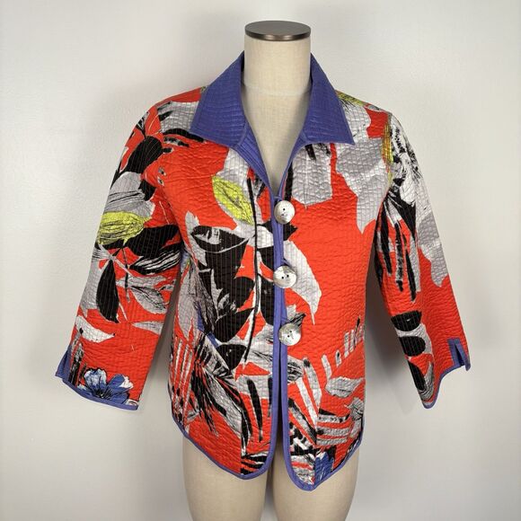 Patty Kim Floral Artsy Purple Reversible Quilted Shell Button Jacket Colorful - Picture 2 of 11